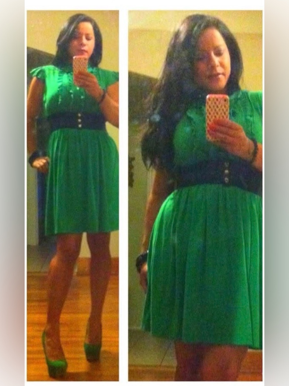 Green Ruffle-Front Casual Dress with Smocked Waist